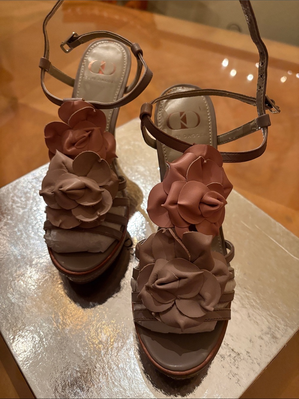 Kelsi Dagger Brown Floral Appliqué Leather Wedge Sandals